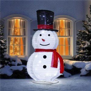 3ft Pre-Lit Light Up Snowman with Black Top Hat, Collapsible Snowman, 60 LED